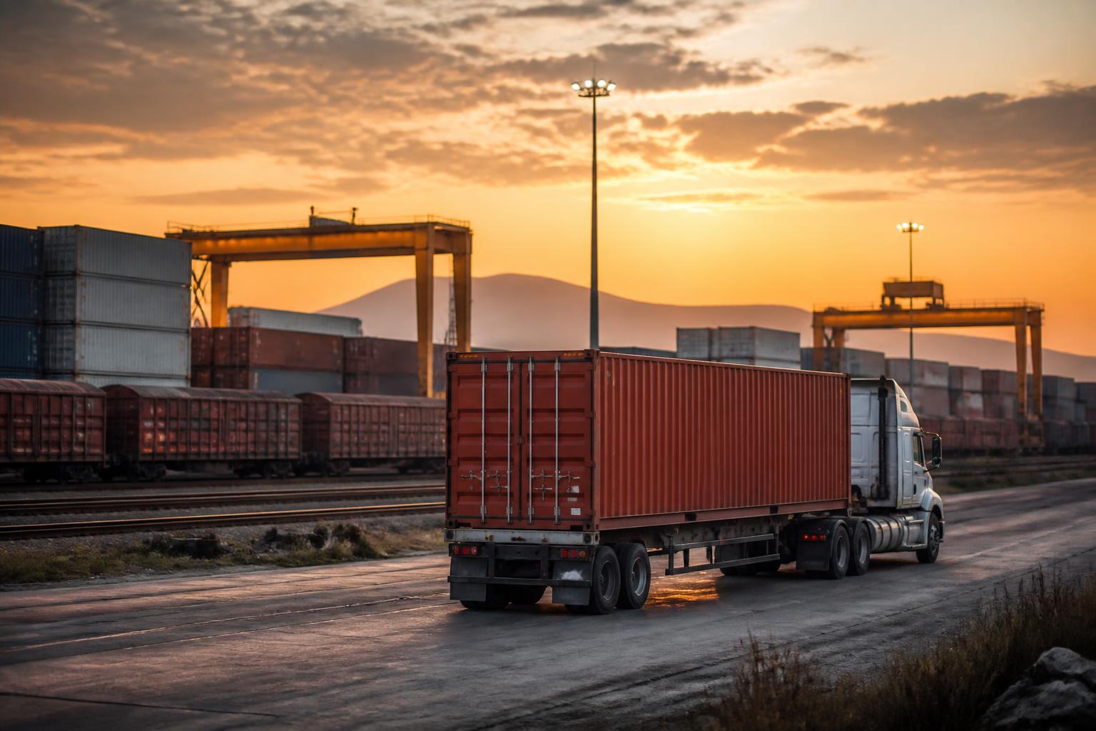 Camión con contenedor saliendo de la terminal intermodal de Pantaco al atardecer