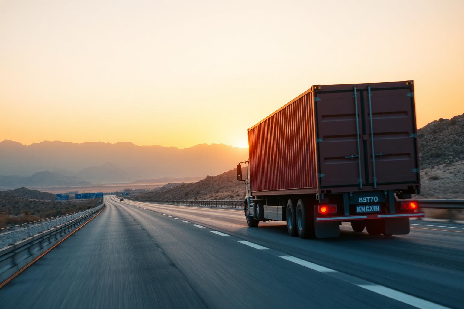 Tractocamión con contenedor recorriendo carretera mexicana al amanecer rumbo a destino industrial