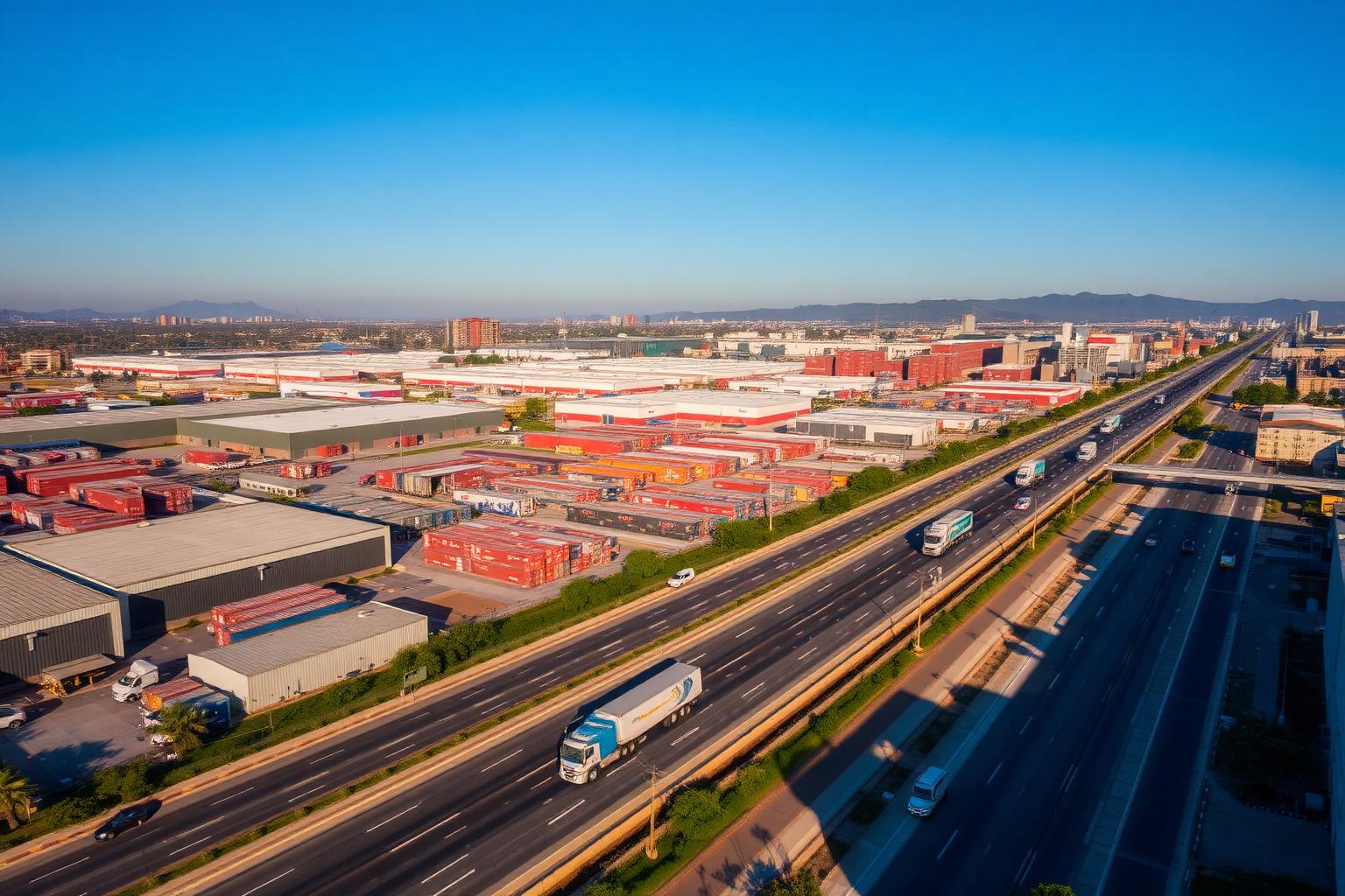 Vista aérea del corredor industrial Vallejo-Azcapotzalco con bodegas y tractocamiones de contenedores